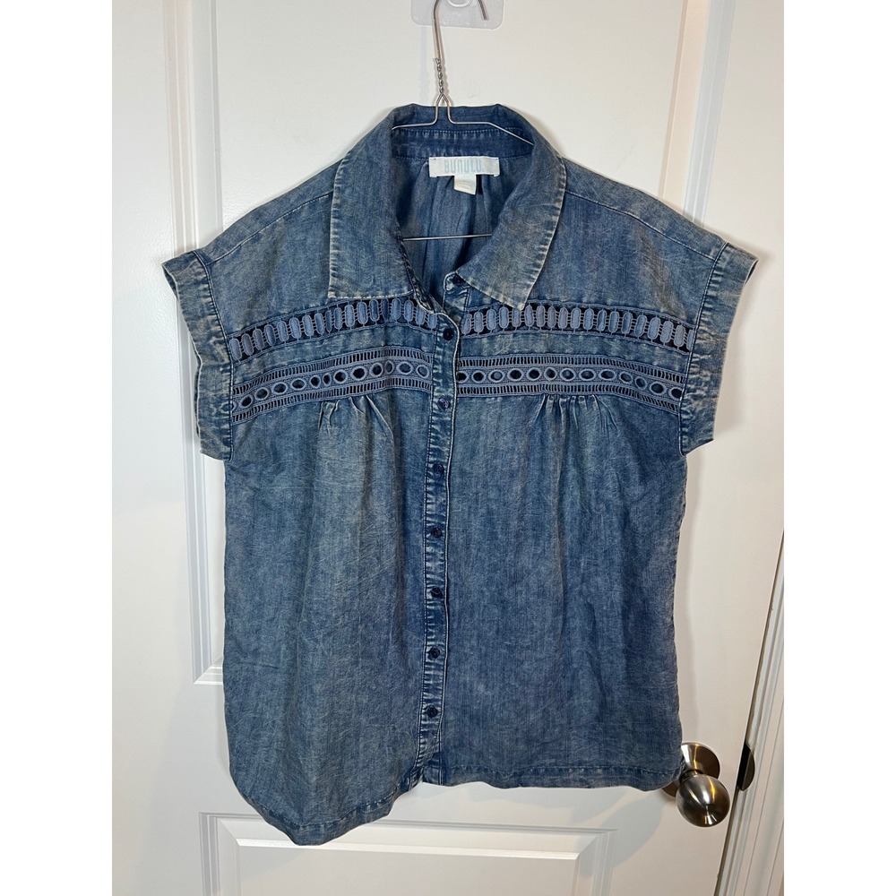Bunulu Womens Shirt Eyelet Crochet Detail Blue Large